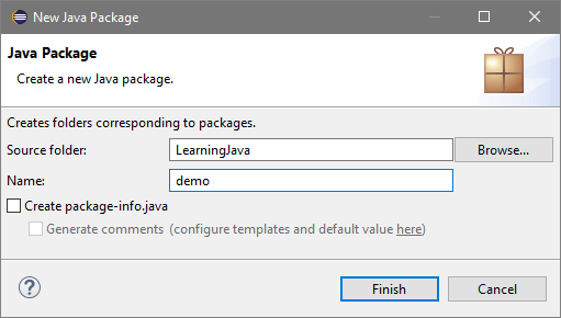 New Java Package window in Eclipse