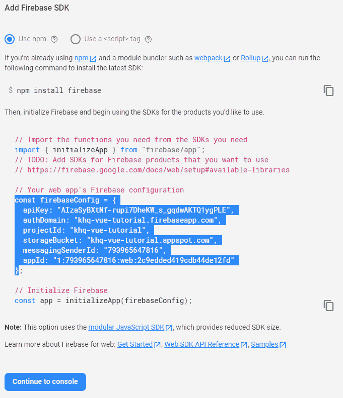 Firebase configuration object