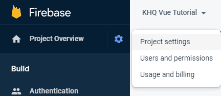 Firebase Project settings dashboard