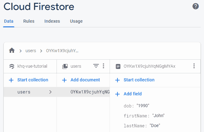 Users collection with a single document