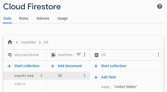 Countries collection with a single document